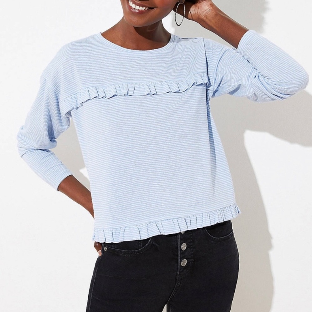 Loft Blue and White long sleeve with ruffles Top